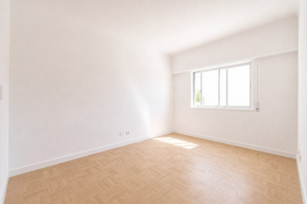 Antes do staging virtual: quarto vazio com chão de madeira e janela