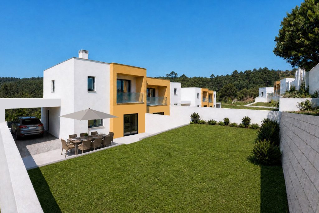 Visualização com IA: esplanada com mesa de refeições no jardim traseiro