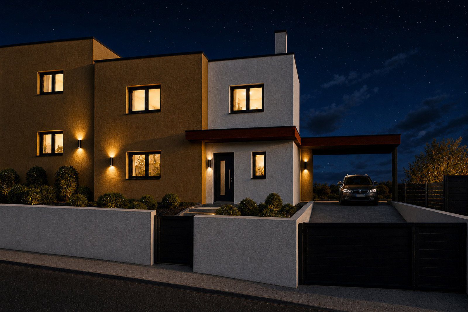 Visualização com IA: entrada de uma moradia Casas do Pinhal à noite, com iluminação exterior