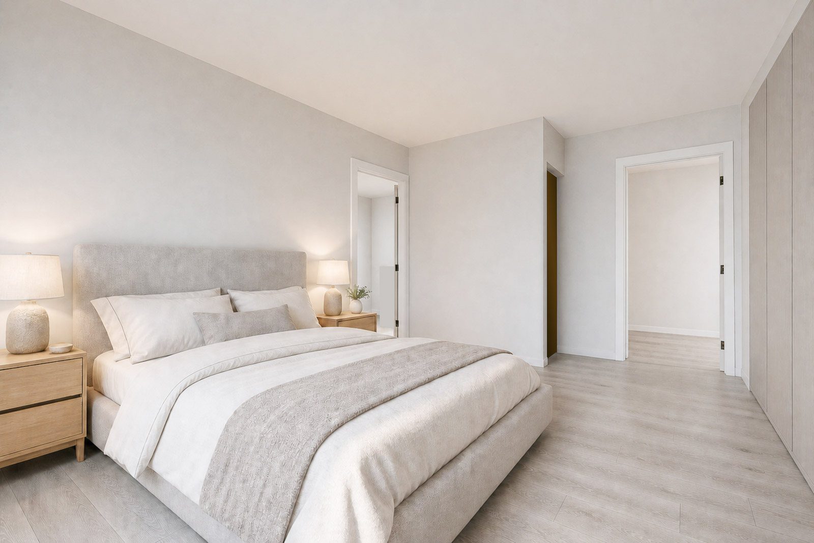 Visualização com IA: quarto decorado em tons claros