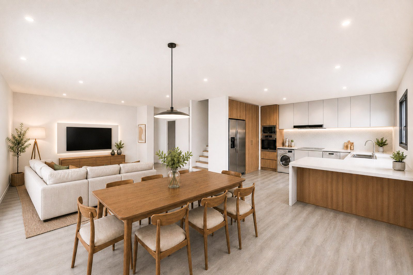 Visualização com IA: sala e cozinha em open space, decoradas