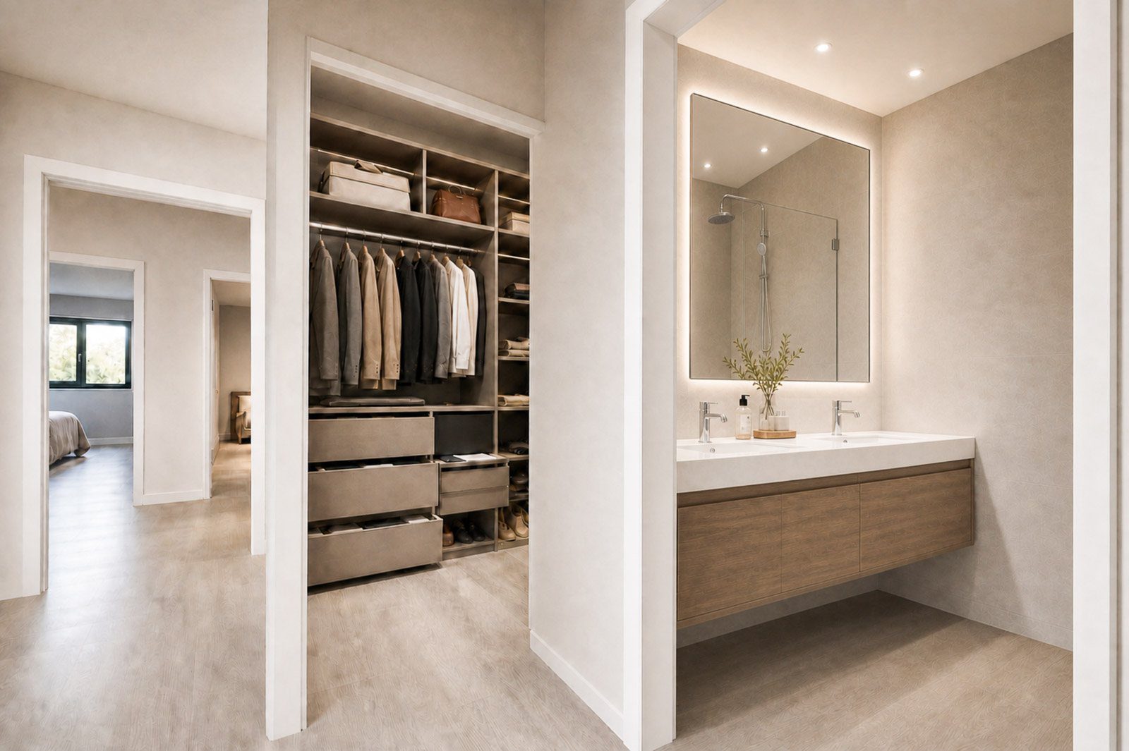 Visualização com IA: suite com closet e casa de banho com lavatório duplo