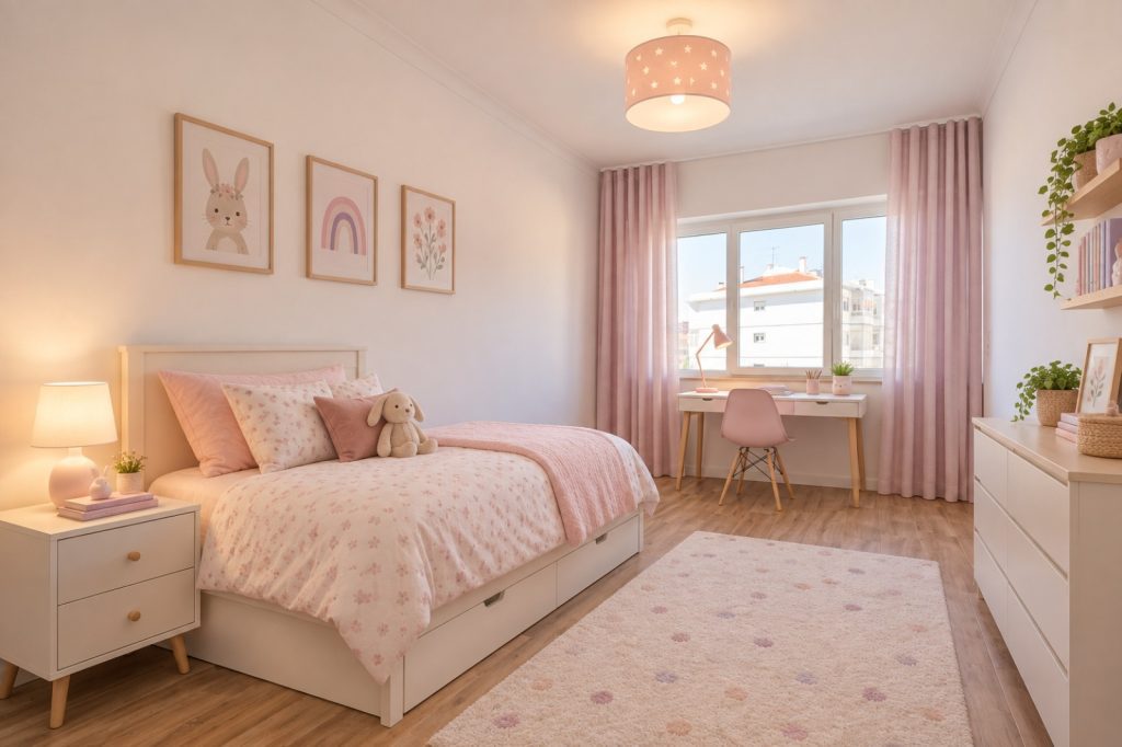 Depois do staging virtual: o mesmo quarto mobilado como quarto de criança em tons de rosa