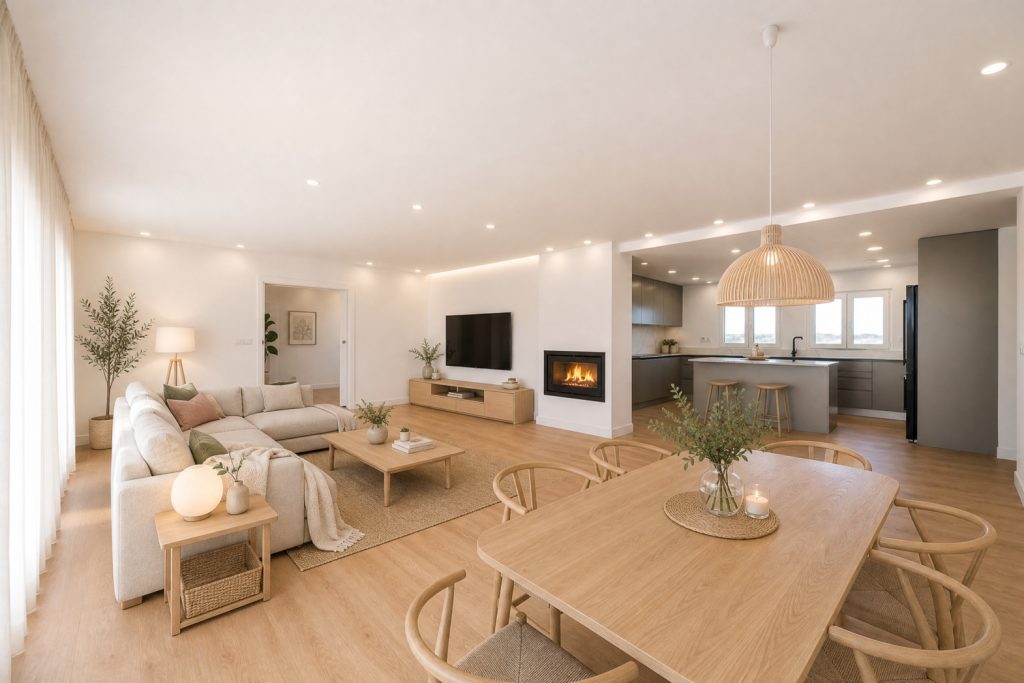 Sala de estar e cozinha em open space com lareira e mesa de jantar em madeira clara