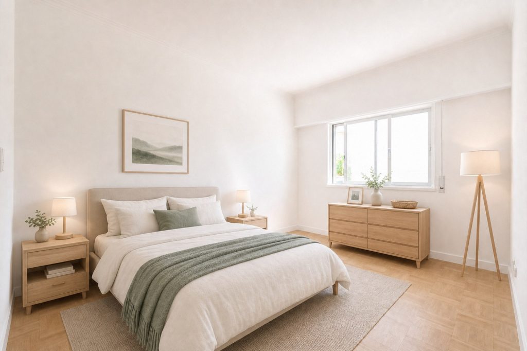 Depois do staging virtual com IA: o mesmo quarto mobilado com cama de casal, cómoda e candeeiros