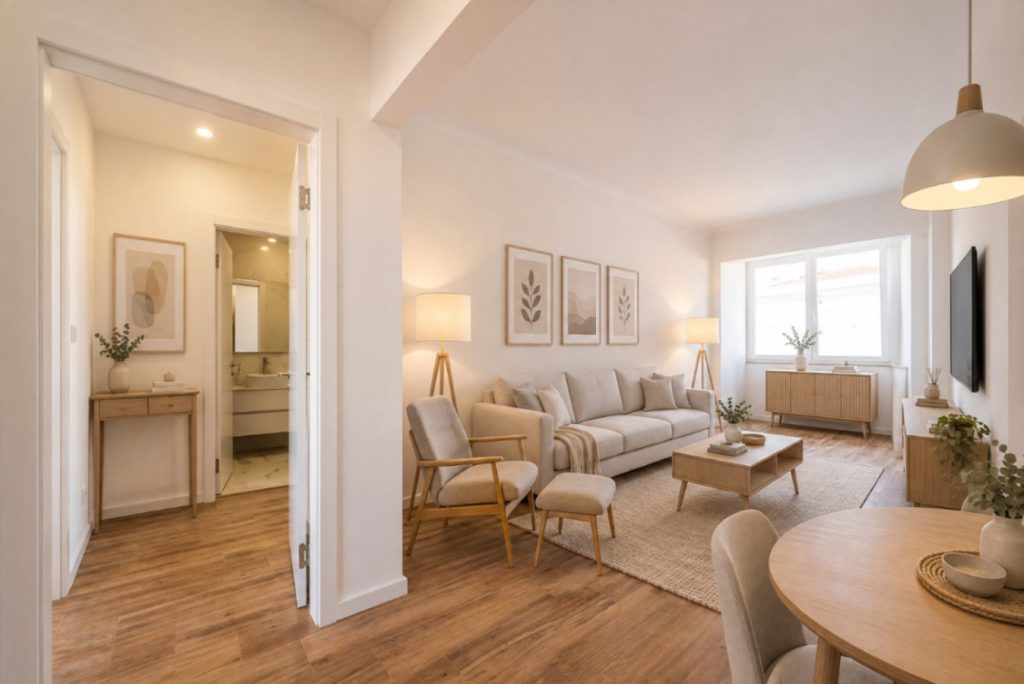 Sala de apartamento mobilada com staging virtual por IA, em tons claros e madeira natural